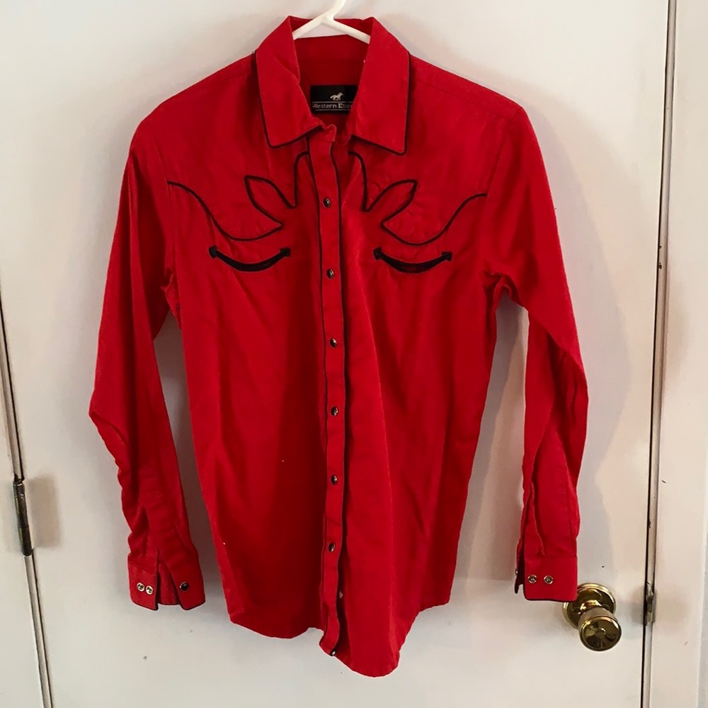 Western Express bright red long sleeve button down shirt with black detailing